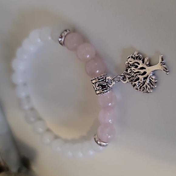 Rose Quartz & White Jade Tree of Life Charm Bracelet - Picture 4 of 8